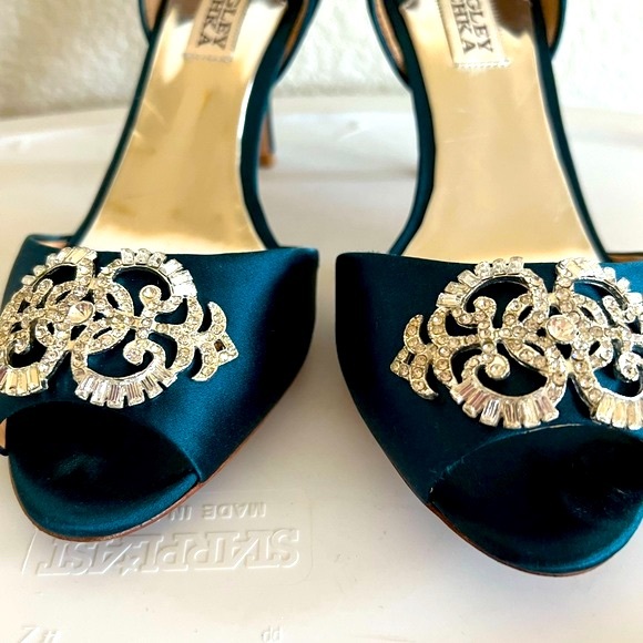 Badgley Mischka Teal Rhinestone Open Toe Heels - Picture 5 of 11